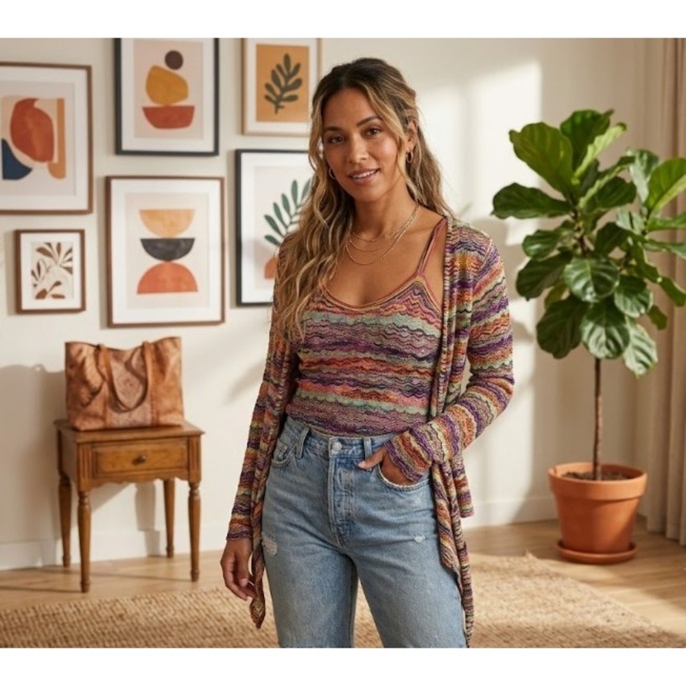 Dana Buchman Pointelle Zigzag Knit Twin Set Cardigan Camisole Multicolored